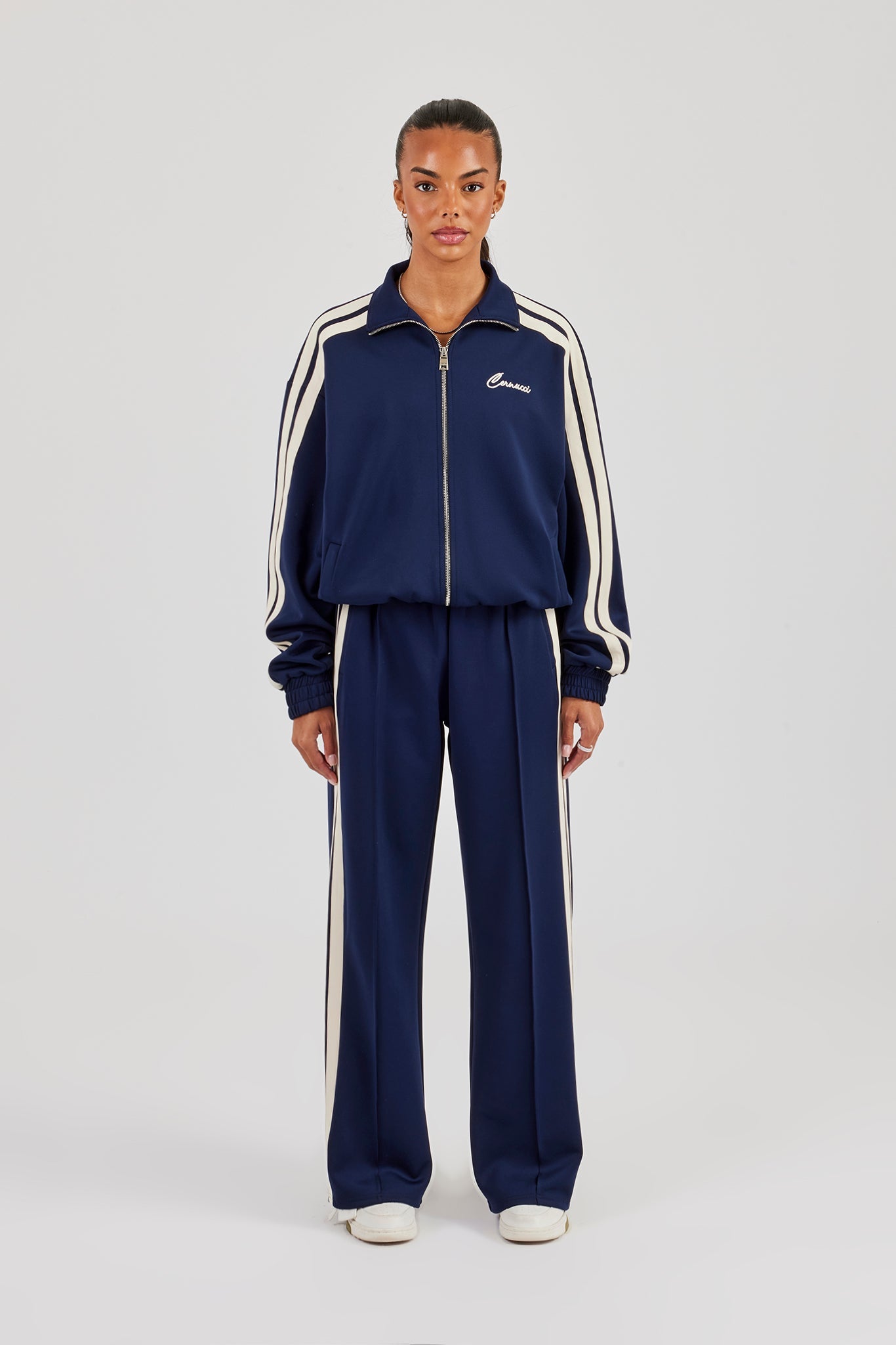 Funnel Neck Taping Zip Through Track Jacket & Wide Leg Pant - Navy Blue